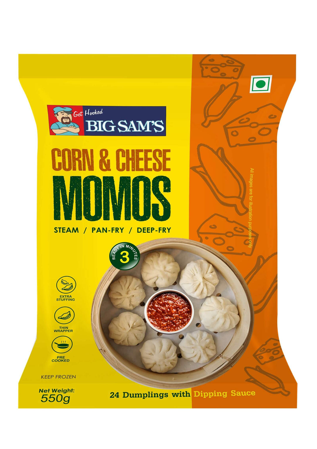 BIG SAMS CORN AND CHEESE MOMOS 550GM