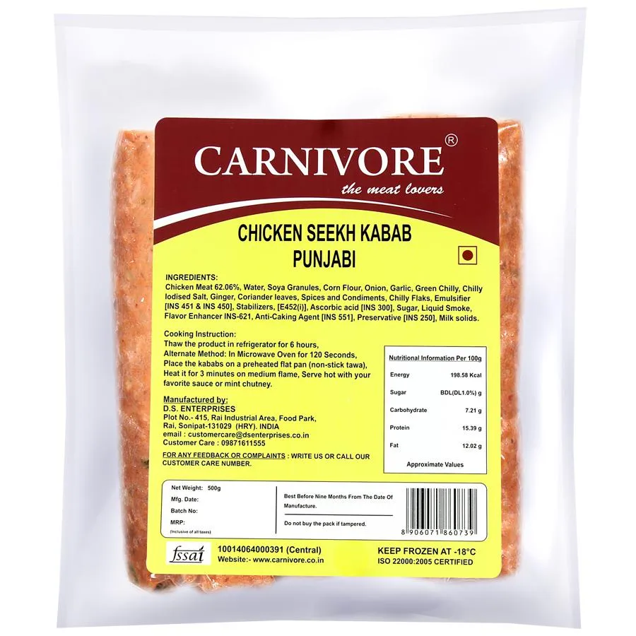 Carnivore Chicken Seekh Kabab Heat & Eat Punjabi500 gm -