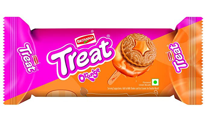 BRITANNIA TREAT ORANGE FLAVOURED SANDWICH BISCUITS 64G